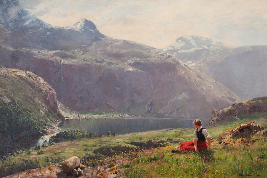 Young girl in a fjord landscape by Hans Andreas Dahl Poesia - O Vento Levou - J.B.G